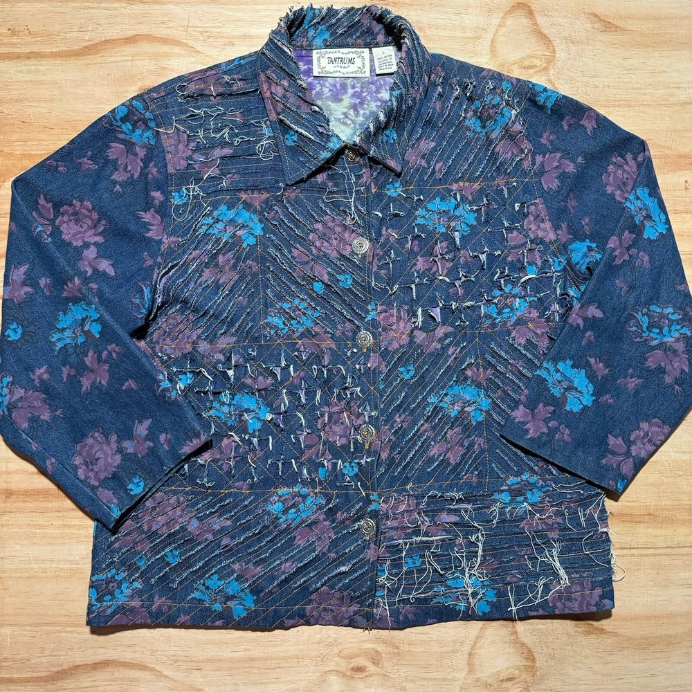 Tantrums Women Blue Purple Floral Patchwork Denim Jacket Art to Wear Large